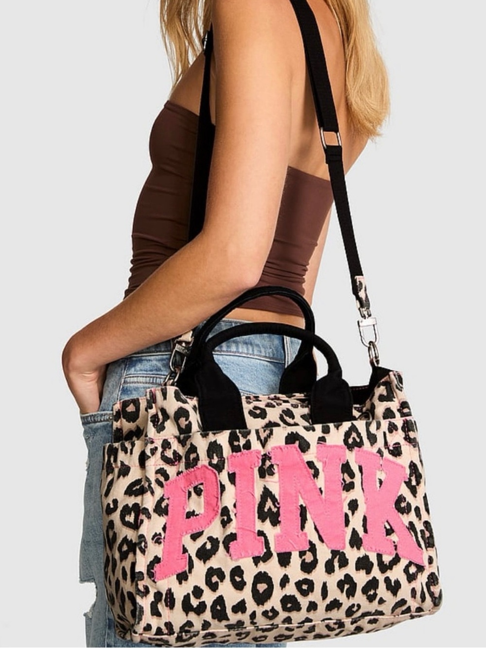 VS Victorias Secret PINK Leopard Cheetah Pink Logo Mini Crossbody Tote Bag